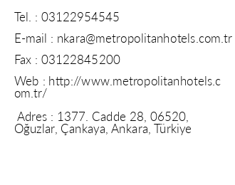 Metropolitan Hotel Ankara iletiim bilgileri